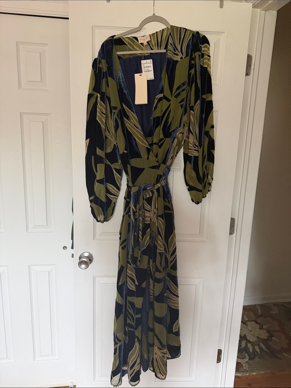 Olive & Navy Botanical Wrap Maxi Dress with Tie Waist